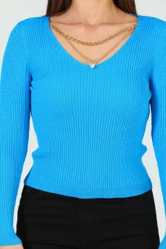 Kadın Likralı Ön Zincirli Triko Bluz Mavi