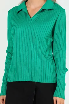 Kadın Likralı Polo Yaka Triko Bluz Yeşil