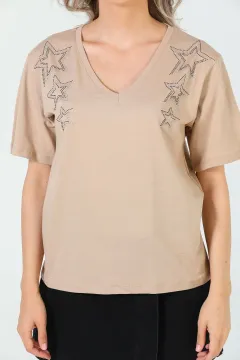Kadın Likralı V Yaka Taşlı Salaş T-shirt Bej