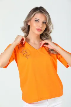 Kadın Likralı V Yaka Taşlı Salaş T-shirt Orange