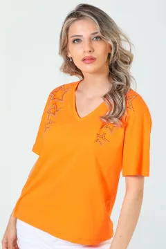 Kadın Likralı V Yaka Taşlı Salaş T-shirt Orange