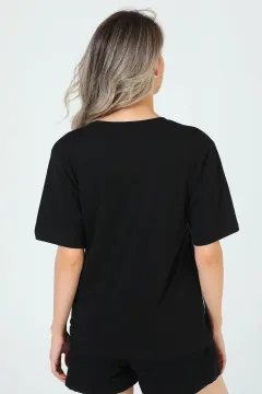 Kadın Likralı V Yaka Taşlı Salaş T-shirt Siyah