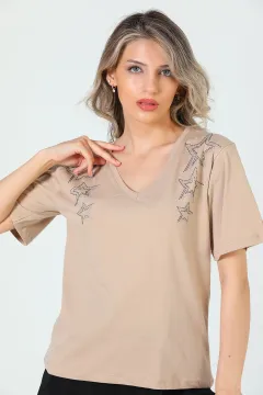Kadın Likralı V Yaka Taşlı Salaş T-shirt Bej