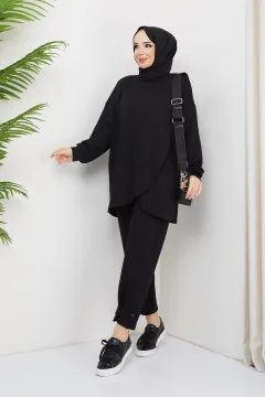 Kadın Likralı Verevli Tesettür Tunik Pantolon İkili Takım Siyah