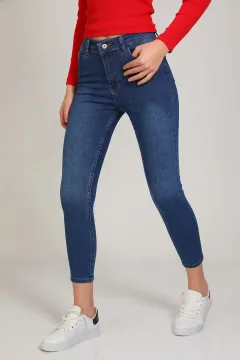 Kadın Likralı Yüksek Bel Jeans Pantolon Mavi