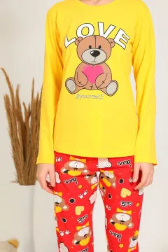 Kadın Love Baskılı Pijama Takımı Sarı