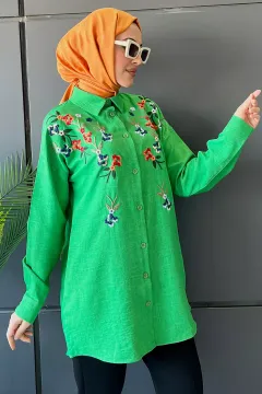 Kadın Nakış Desenli Salaş Tesettür Gömlek Yeşil