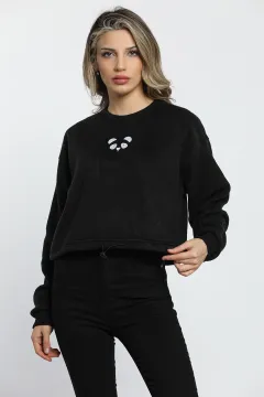Kadın Nakışlı Bel Lastikli Polar Sweatshirt Siyah