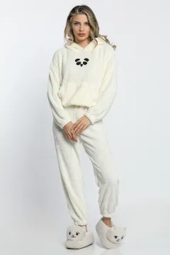 Kadın Nakışlı Peluş Pijama Takımı Krem