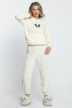 Kadın Nakışlı Peluş Pijama Takımı Krem