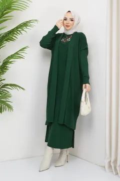 Kadın Nakışlı Triko Elbise Hırka İkili Takım Koyuyeşil