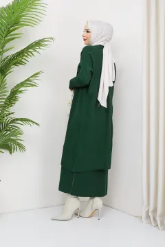 Kadın Nakışlı Triko Elbise Hırka İkili Takım Koyuyeşil
