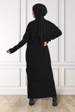 Kadın Nakışlı Triko Elbise Hırka İkili Takım Siyah