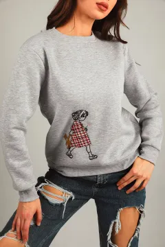Kadın Nakışlı Üç İplik Şardonlu Sweatshirt Gri