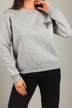 Kadın Nakışlı Üç İplik Şardonlu Sweatshirt Gri