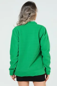 Kadın Ny Baskılı Fermuarlı Polar Sweatshırt Yeşil