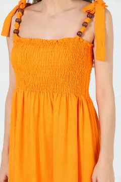 Kadın Omuz Bağlamalı Boncuklu Uzun Elbise Orange