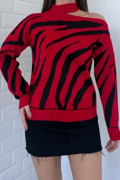 Kadın Omuz Dekolteli Zebra Desenli Triko Bluz Bordo