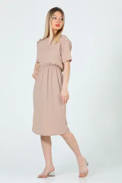 Kadın Omuz Düğme Detaylı Bel Lastikli Elbise Bej