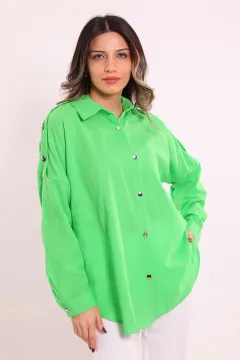 Kadın Omuz Düğme Detaylı Salaş Gömlek Yeşil