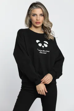 Kadın Ön Arka Baskılı Sweatshirt Siyah