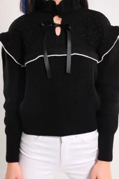 Kadın Ön Bağcık Detaylı Triko Bluz Siyah