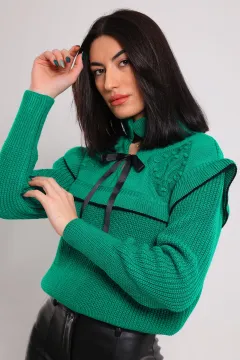 Kadın Ön Bağcık Detaylı Triko Bluz Yeşil