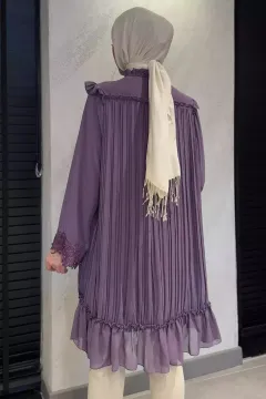 Kadın Ön Bağlamalı Güpürlü İncili Tesettür Pileli Tunik Mor