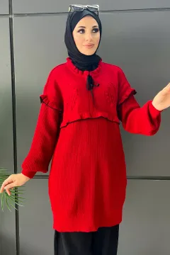 Kadın Ön Bağlamalı Tesettür Triko Tunik Kırmızı