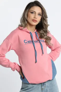 Kadın Ön Baskılı Kapüşonlu Şardonlu Renk Garnili Sweatshirt Pembe