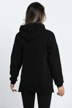 Kadın Ön Baskılı Kapüşonlu Şardonlu Renk Garnili Sweatshirt Siyah