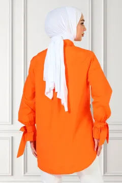Kadın Ön Boncuk Detaylı Kol Bağlamalı Salaş Tesettür Gömlek Orange