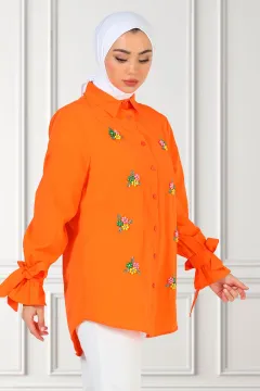 Kadın Ön Boncuk Detaylı Kol Bağlamalı Salaş Tesettür Gömlek Orange