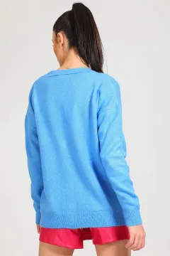 Kadın Ön Cep Çicek Detaylı Triko Hırka Mavi