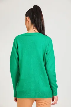 Kadın Ön Cep Çicek Detaylı Triko Hırka Yeşil