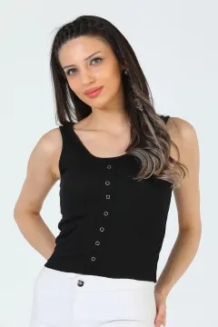 Kadın Ön Çıtçıt Detaylı Crop Bluz Siyah