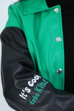 Kadın Ön Çıtçıtlı Deri Kolej Ceket Yeşil