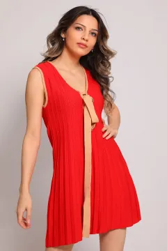 Kadın Ön Dekolteli Bağcıklı Triko Elbise Kırmızı