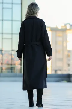 Kadın Ön Düğme Detaylı Bel Kuşaklı Uzun Trençkot Siyah