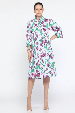 Kadın Ön Düğme Detaylı Desenli Elbise Krem