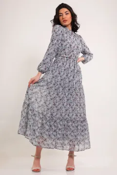 Kadın Ön Düğme Detaylı Desenli Kemerli Elbise Gri