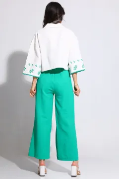 Kadın Ön Düğme Detaylı Nakış Desenli Gömlek Pantolon İkili Takım Yeşil