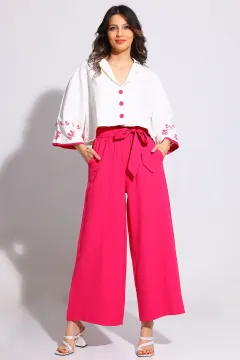 Kadın Ön Düğme Detaylı Nakış Desenli Gömlek Pantolon İkili Takım Fuşya