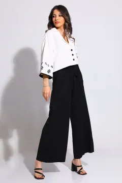 Kadın Ön Düğme Detaylı Nakış Desenli Gömlek Pantolon İkili Takım Siyah