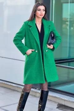 Kadın Ön Düğmeli Buklet Kaban Yeşil
