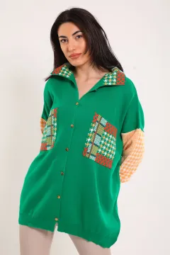 Kadın Ön Düğmeli Cep Detaylı Triko Hırka Yeşil