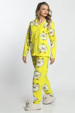 Kadın Ön Düğmeli Civciv Desenli Polar Pijama Takımı Sarı