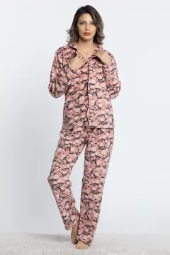 Kadın Ön Düğmeli Desenli Polar Pijama Takımı Gülkurusu