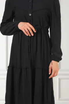 Kadın Ön Düğmeli Fistolu Kat Kat Tesettür Elbise Siyah