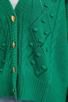 Kadın Ön Düğmeli Kabartma Desenli Triko Hırka Yeşil